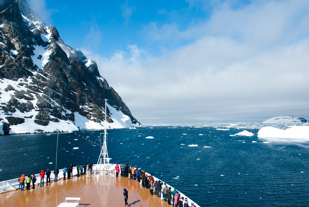 Gorgeous mountains of Antarctica pictured from the bot of a cruise ship
