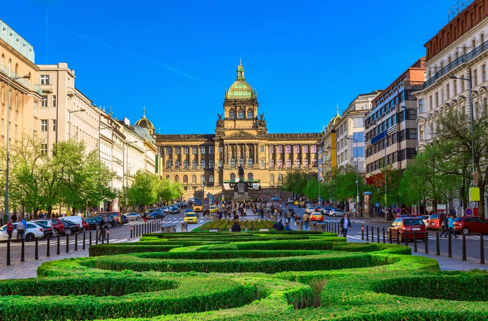 The Wenceslas square and National Museum pictured on a blue-sky day without a cloud in sight