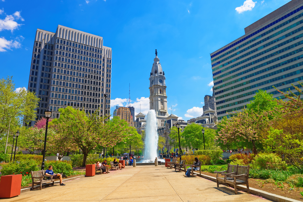 View of Love Park and the fountain showing the worst time to visit Philadelphia 
