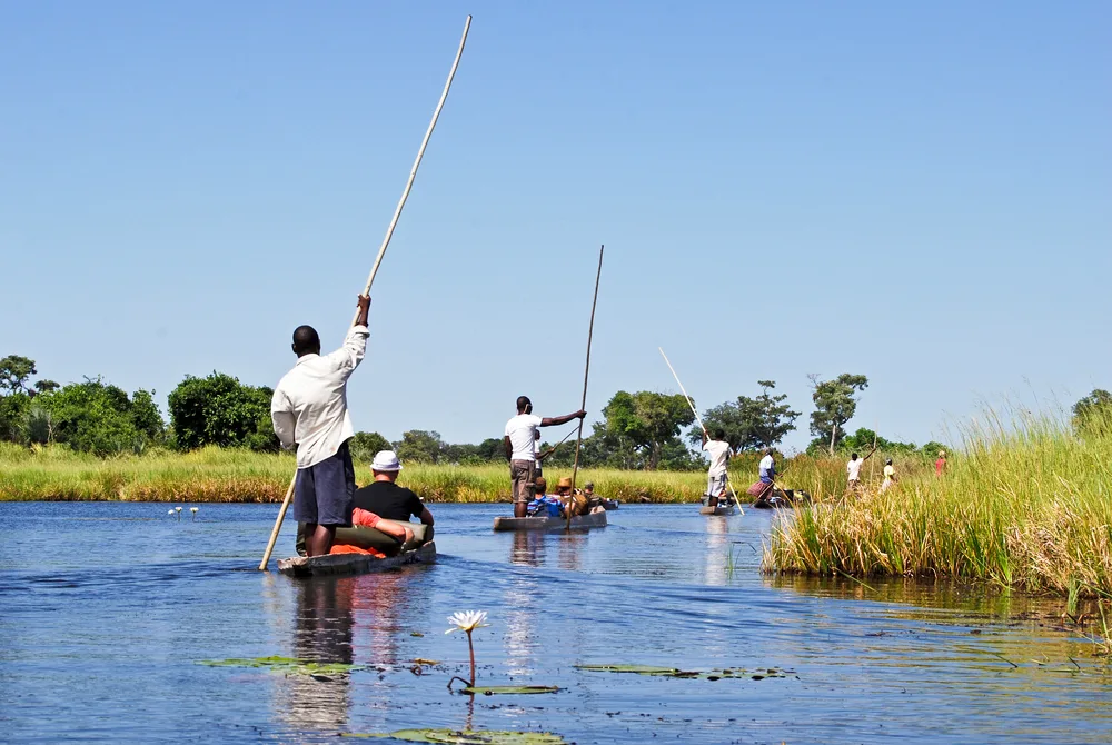 Tourists riding canoes being pushed by men with large sticks through the Okavango Delta during the worst time to visit Botswana