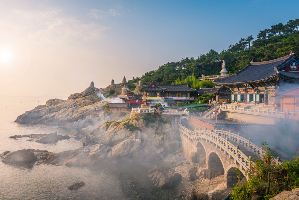 Haedong Yonggungsa Temple in Busan with fog descending for a piece on Is South Korea Safe