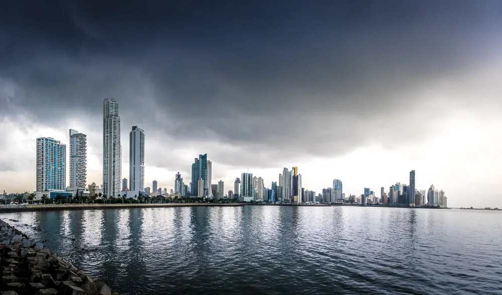 Rainy day in Panama City pictured during the worst time to visit Panama with grey skies and the skyline underneath