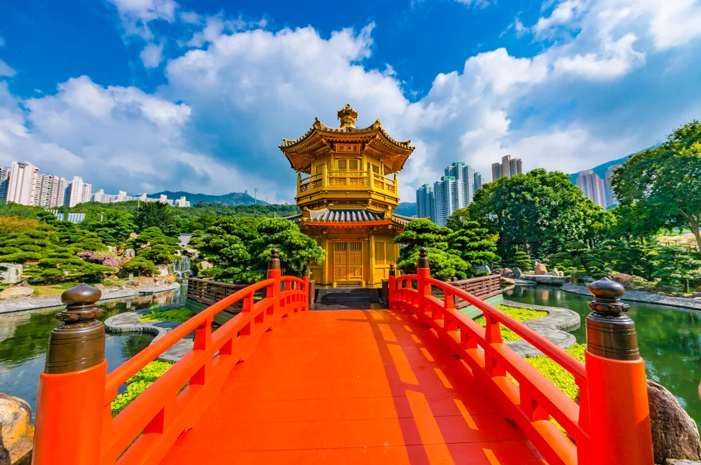 Golden Pagoda in Nan Lian Garden with walkway leading up for a piece on Is Hong Kong Safe