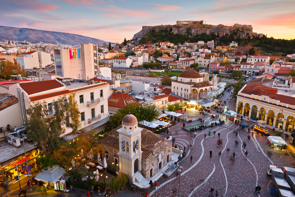 View of the Acropolis as seen from a rooftop coffee shop in Monastiraki Square during the best time to visit Athens
