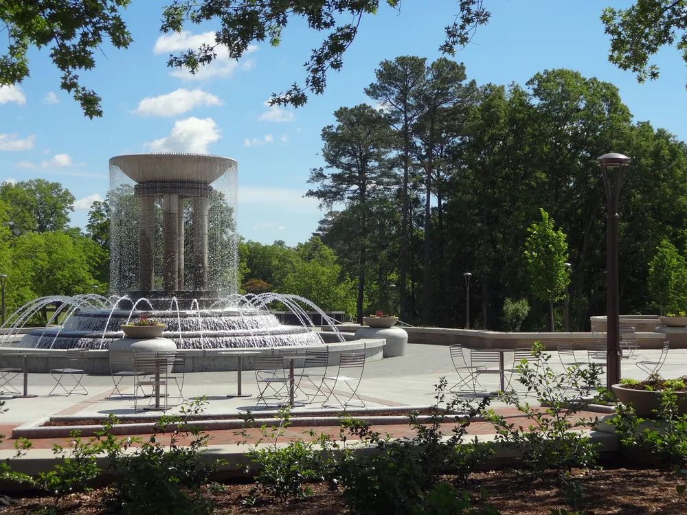 Fountain pictured in the Winter in Cary, North Carolina during the least busy time to go