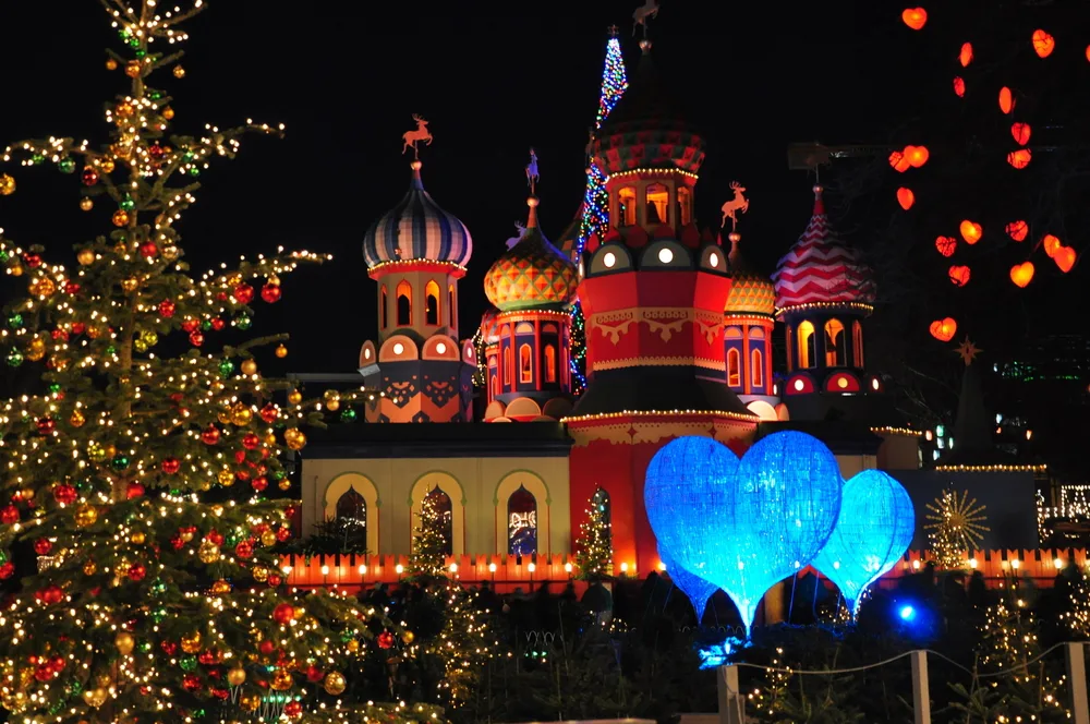 Christmas decorations and lights at Tivoli Gardens during the cheapest time to visit Copenhagen
