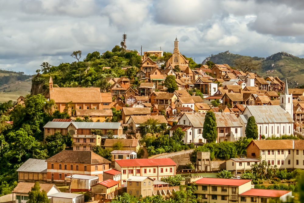 View of the hillside Fianarantsoa old town on a cloudy day for a piece on Is Madagascar Safe