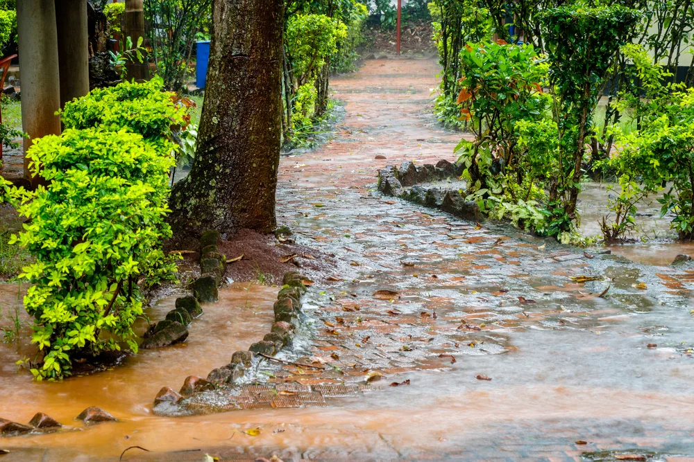 The rainy season in Uganda pictured with water flowing down the brick pathway