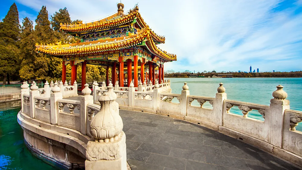 Dock overlooking the water in the Beihai Park in Beijing during the best time to visit China