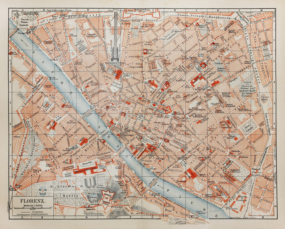 Photo of an old map showing several picks for where to stay in Florence