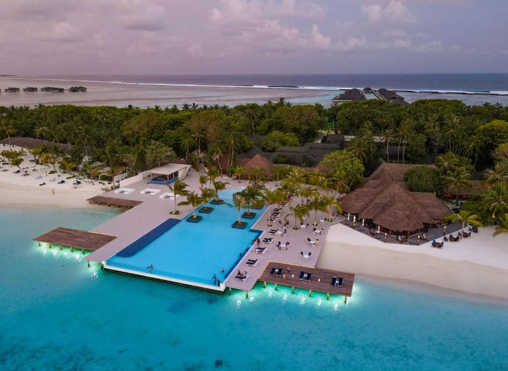 Aerial shot of the beach and grounds at Paradise Island Resort, one of the best resorts in the Maldives