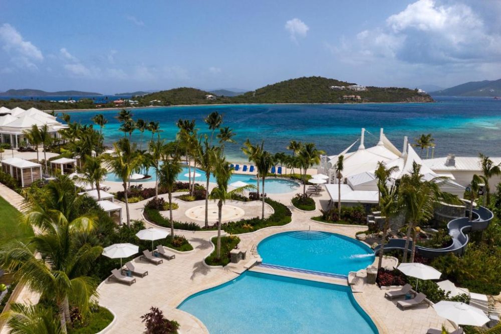 Gorgeous view of the Ritz Carlton in St. Thomas, one of the best resorts in the Virgin Islands, as seen from the pool area