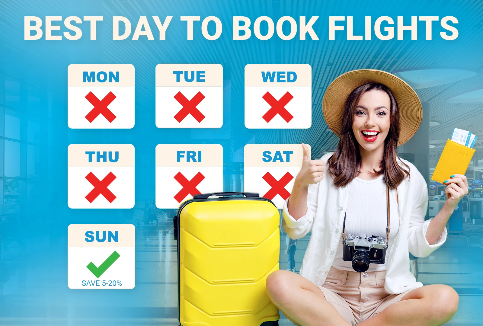 Woman with a suitcase smiling and excited to be going on a trip with the best days to book flights in a graph