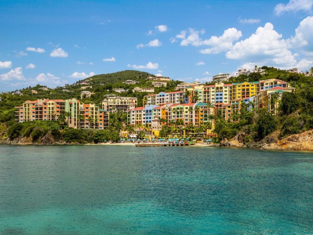Marriott at Frenchman's Cove in St. Thomas, one of the best resorts in the Caribbean, pictured from the ocean looking toward the hotel