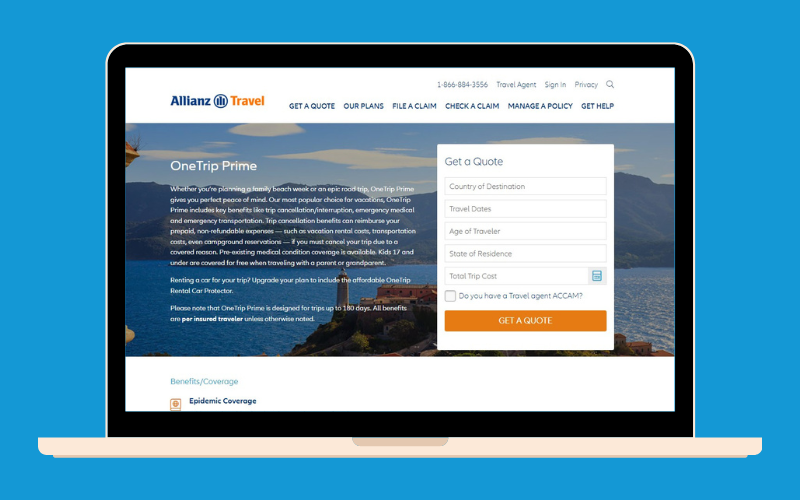 Screenshot of the main page of Allianz Travel, one of the best travel insurance plans