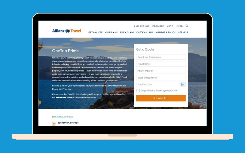 Screenshot of the main page of Allianz Travel, one of the best travel insurance plans