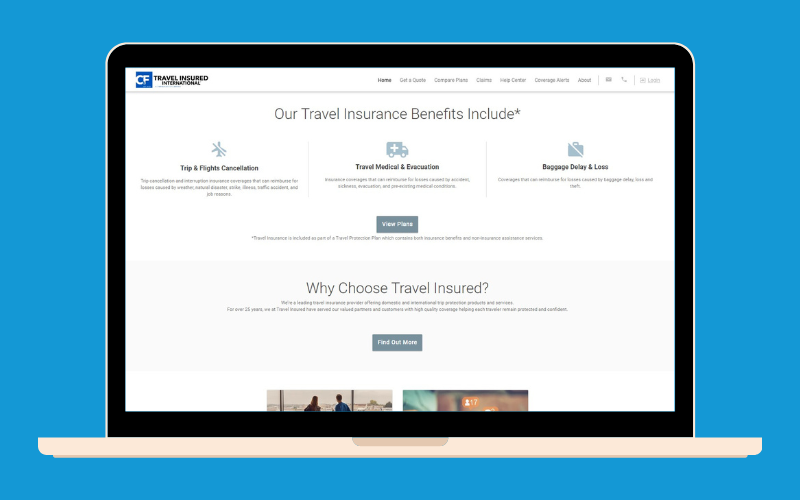 Screenshot of the main page of C&F Travel Insured International, one of the best travel insurance plans