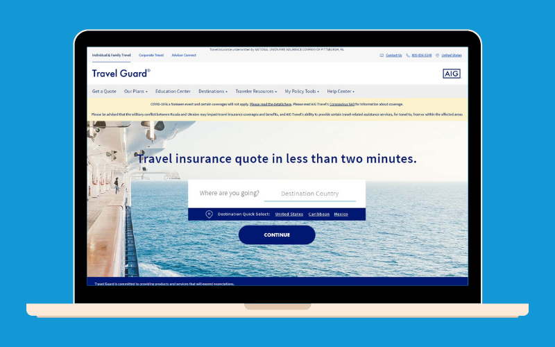 Screenshot of the main page of Travel Guard, one of the best travel insurance plans