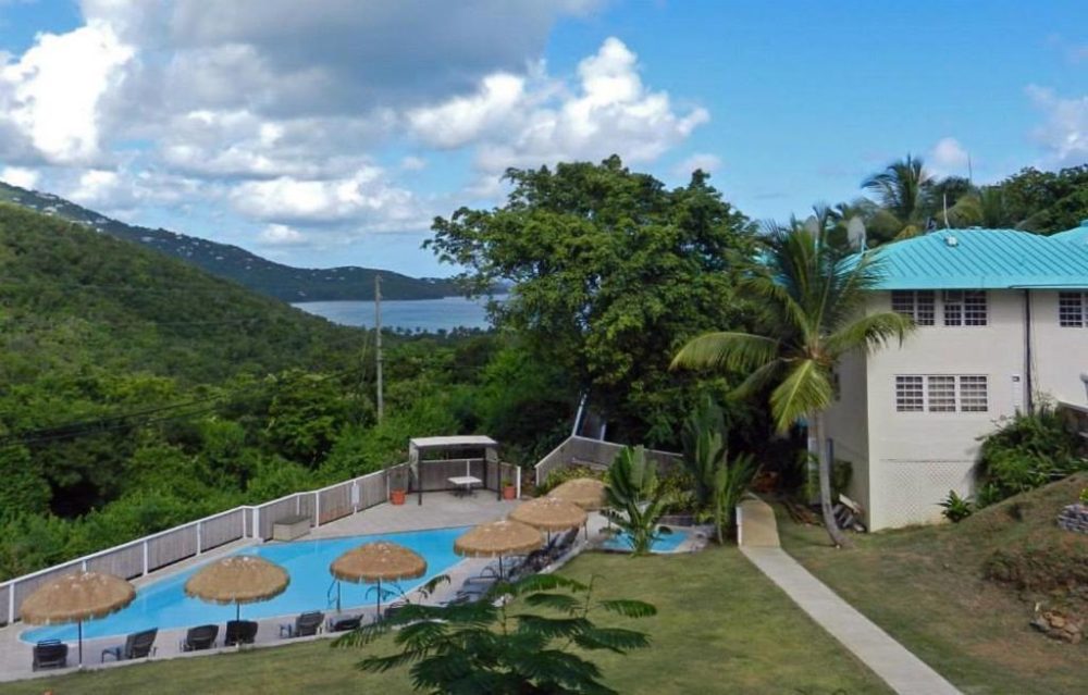 The Flamboyan on the Bay, a budget resort and one of the best in the Virgin Islands, pictured from a rooftop looking toward the ocean