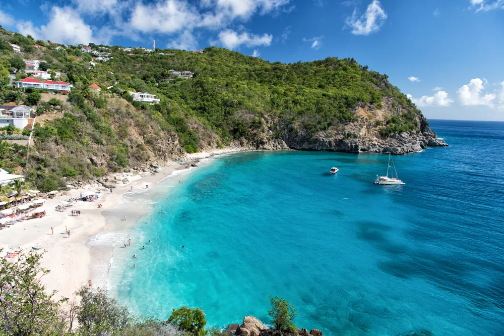 Gorgeous aerial shot of a white sand beach in Gustavia in April, one of the best times to visit St. Barts