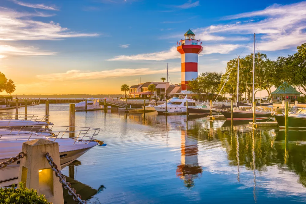 Beautiful dusk view of the harbor at Hilton Head pictured during the best time to visit South Carolina, the late spring