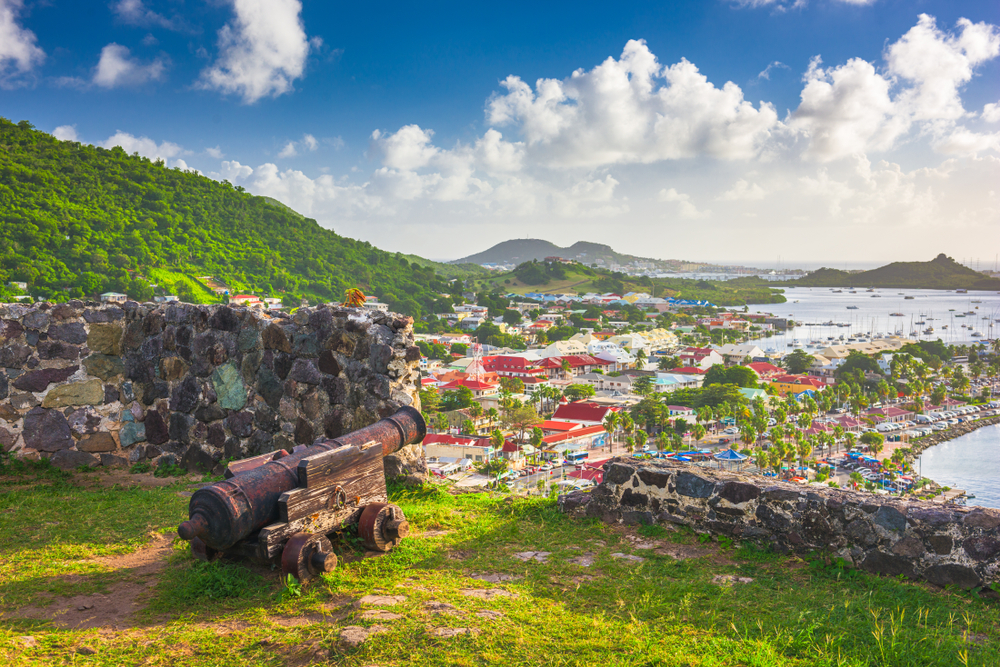 Hilltop view of Marigot on a gorgeous semi-cloudy day for a piece on the best time to visit St. Martin