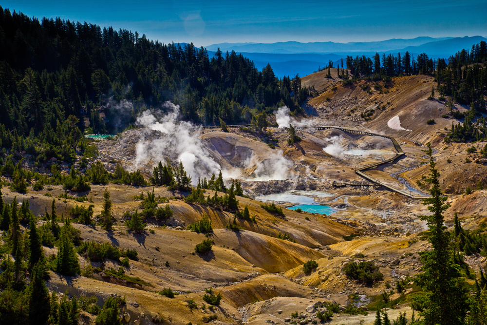 Bumpass Hell boardwalk in Lassen Volcanic National Park, one of the best places to visit in Northern California, pictured from a hilltop