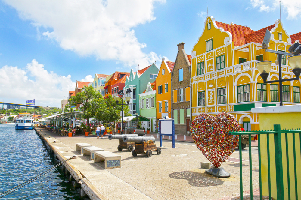 Dutch Antilles town of Willemstad with colorful buildings on the side of the boardwalk during the best time to visit Curacao