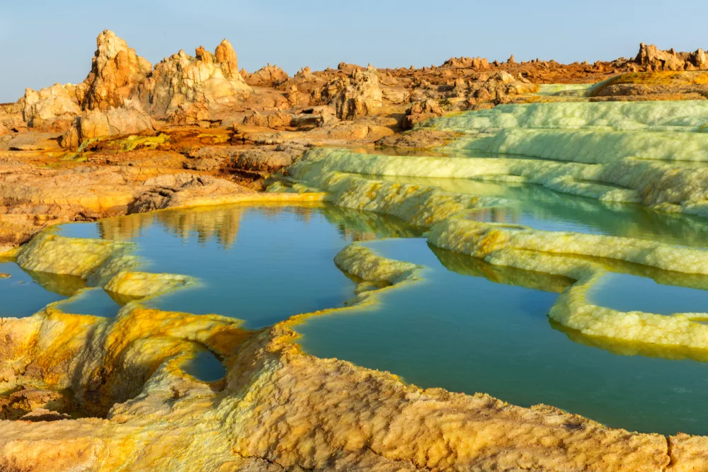 The Danakil Depression pictured with gorgeous pools of water in rocky terrain pictured for a piece on is Ethiopia Safe to Visit