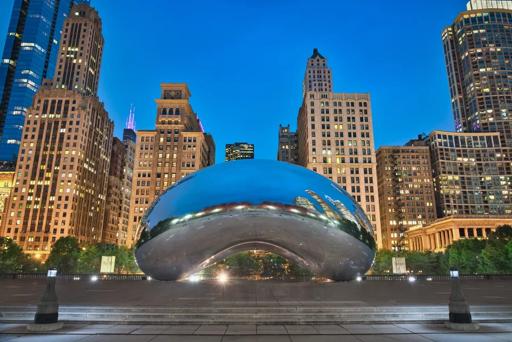 Night view of the Bean at Millenium Park, one of the best places to visit in Chicago