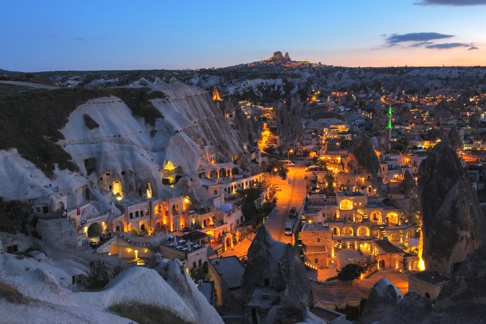 Winter in Cappadocia pictured from the top of a hill looking down into the town during the winter, the overall cheapest time to visit