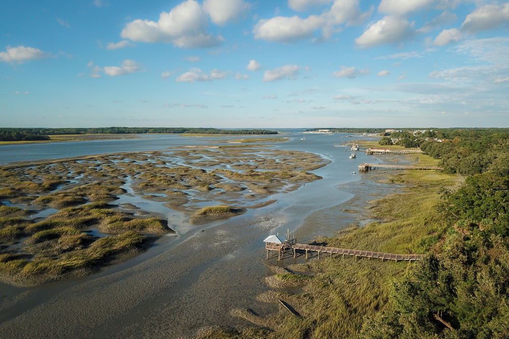 Aerial view of viewing platforms and boardwalks over a marsh in Hilton Head, pictured during the best time to visit