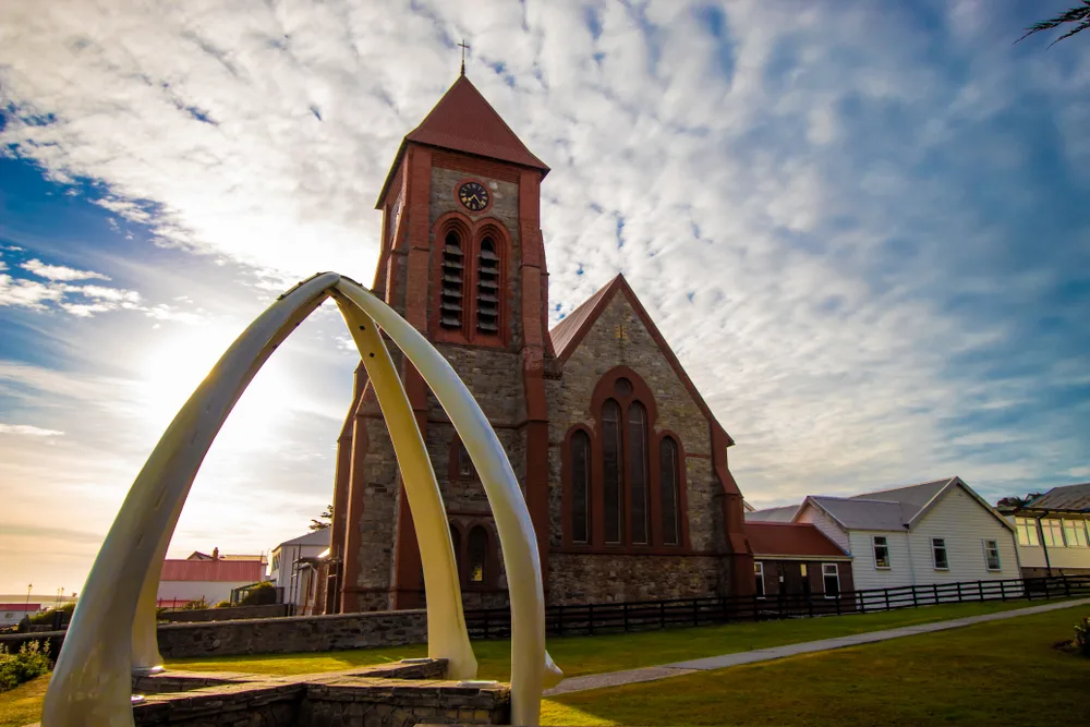 Christ Church Cathedral in the Falklands pictured in Autumn in the evening during the cheapest time to visit