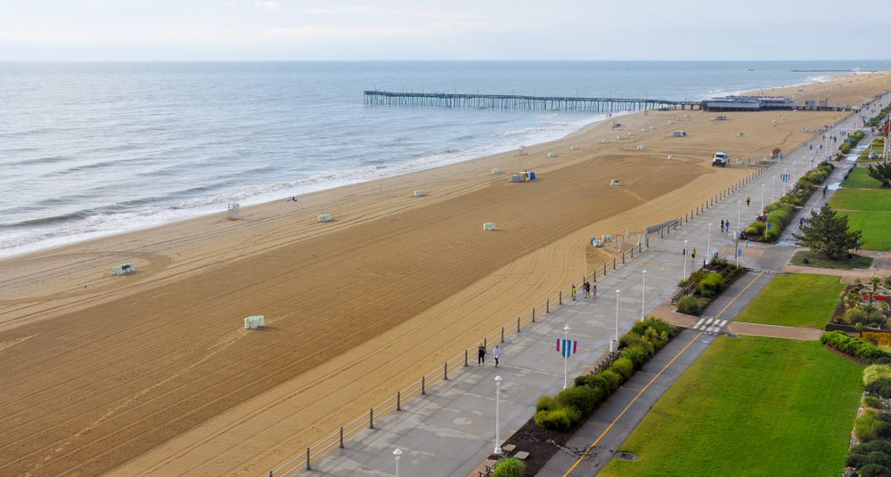 Gorgeous beige sand on the beach pictured in an aerial photo during the best time to visit Virginia Beach