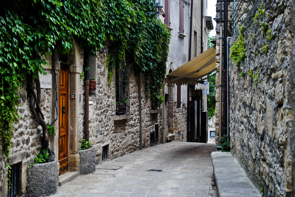 Empty stone street in the old historical part of town in San Marino
