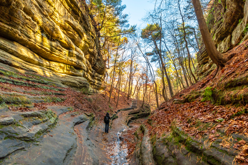 Man walking through the Starved Rock State Park in Illinois, one of the best day trips from Chicago