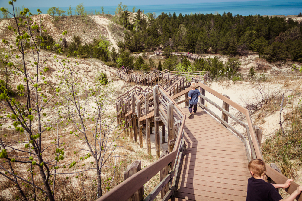 Boardwalk steps down the dunes at the Indiana Dunes National Park, one of the best day trips from Chicago