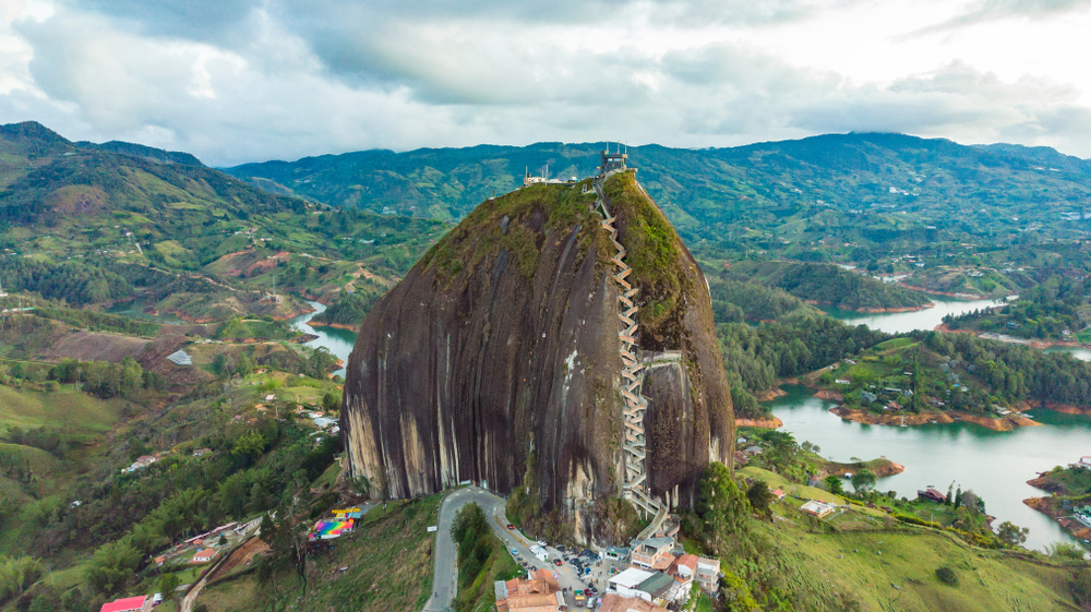 Large granite rock with an extremely tall staircase on it in Medellin, one of the best places to visit in South America