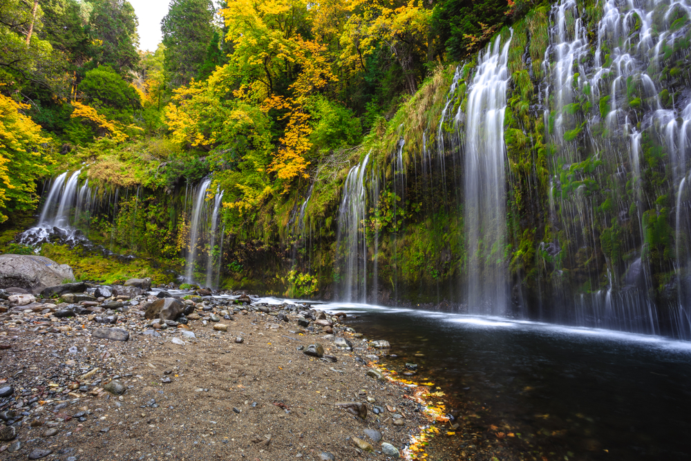Mossbrae Falls in Dunsmuir, one of the best places to visit in Northern California, pictured on a cool day