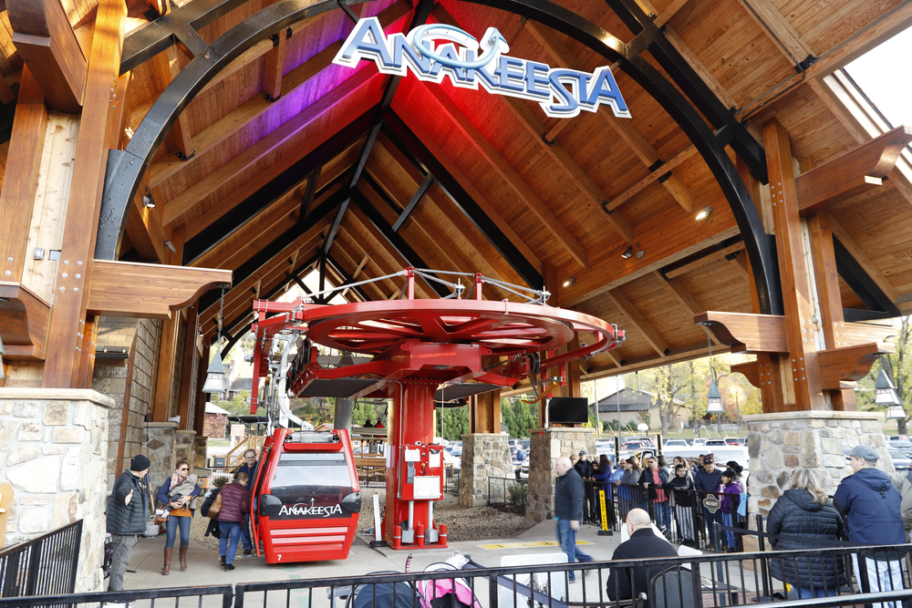 Anakeesta gondola lift pictured with people getting in at the base during the best time to visit Gatlinburg