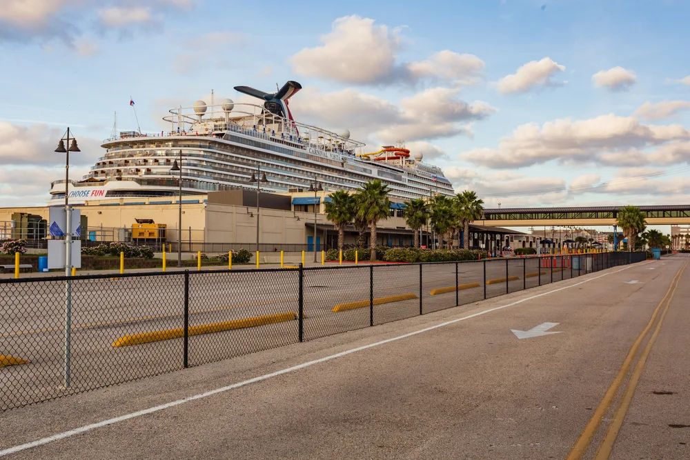 Image of a cruise liner docked on the coast of Galveston TX during the best time to visit the city