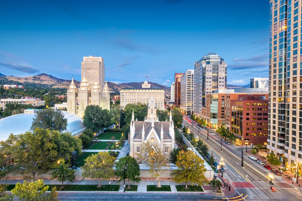 Downtown Salt Lake City pictured from the air with a gorgeous church and its grounds in the middle of the image