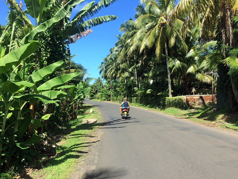 Rarotonga scooter pictured driving down an asphalt road pictured during the least busy time to visit the Cook Islands