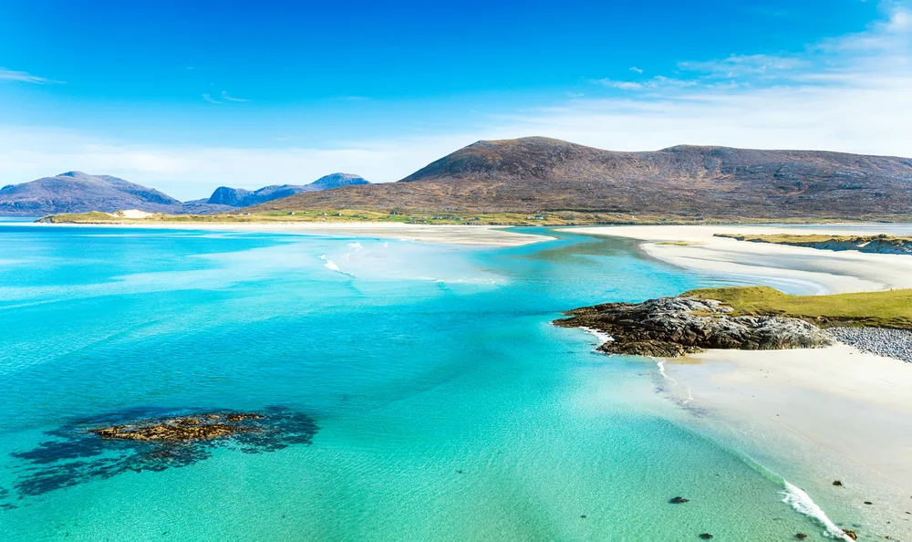 Beautiful sunny morning looking over the beaches of Luskentyre on the Isle of Harris at the islands of Hebrides