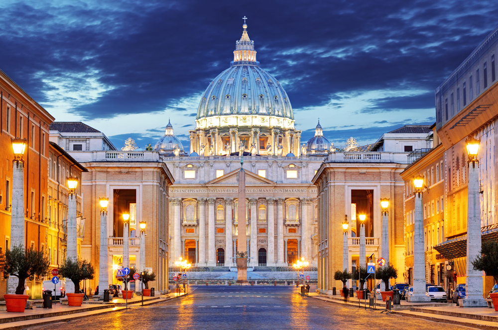 Amazing night view of the Vatican City pictured from the courtyard looking toward the Basilica