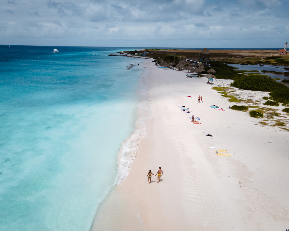 Aerial view of three couples walking along the beach in Curacao during the best time to visit