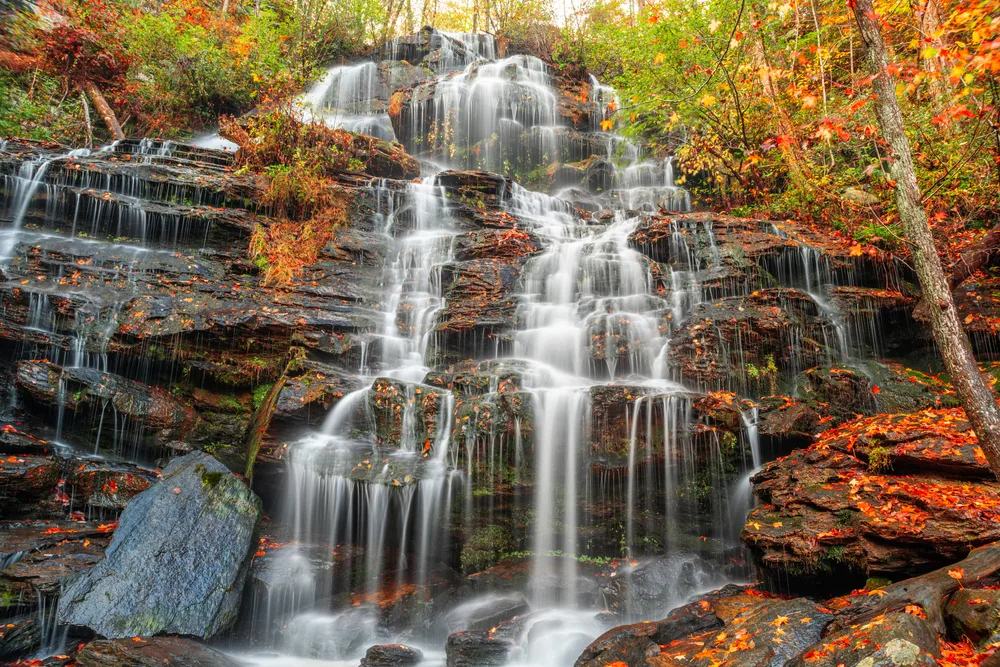 Issaqueena Falls pictured during autumn in Walhalla, one of the cheapest times to visit South Carolina