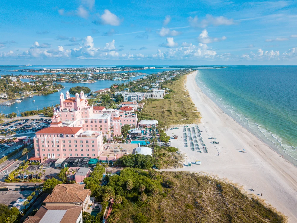 Amazing aerial view of St. Pete Beach as seen on a clear day with white sand stretching for as far as the eye can see