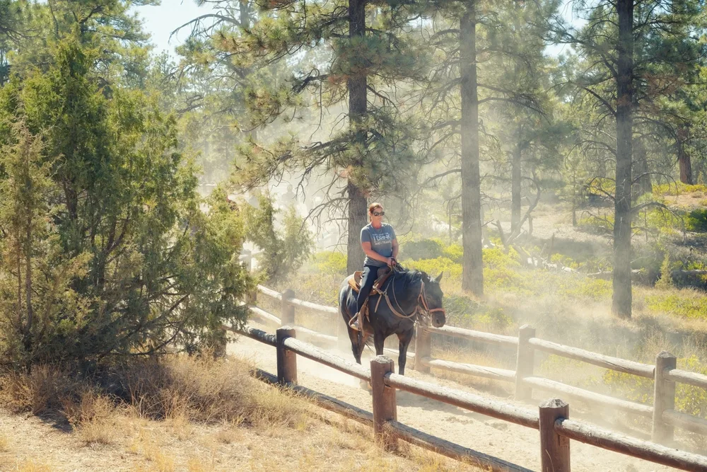 Woman in a blue shirt horseback riding on a dirt path during the overall best time to visit Bryce Canyon