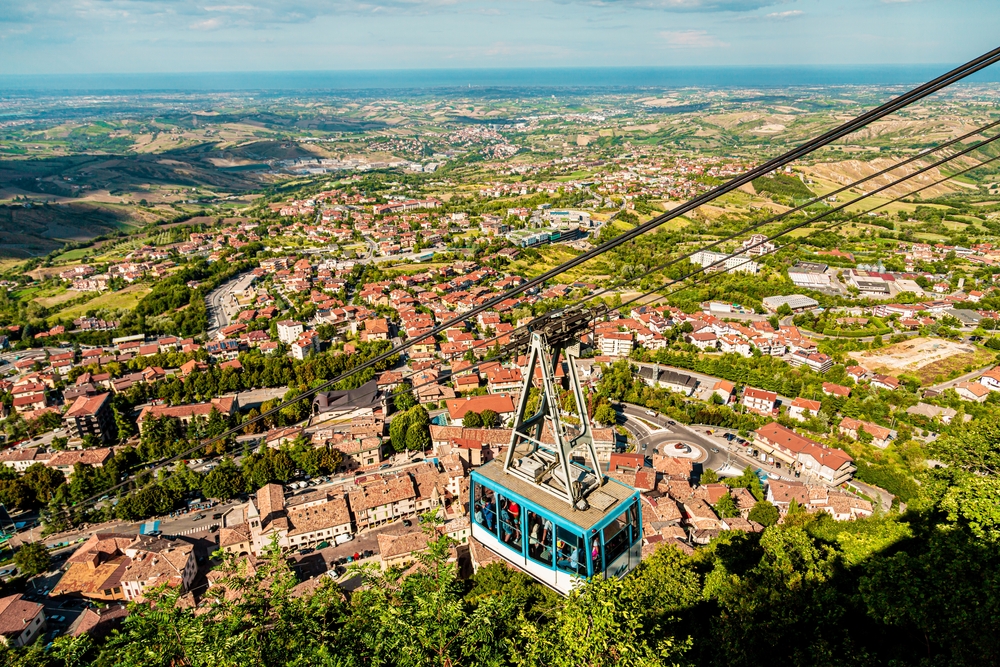 Panoramic view of San Marino with a gondola taking tourists to the top of the mountain for a piece on whether San Marino Italy is safe to visit